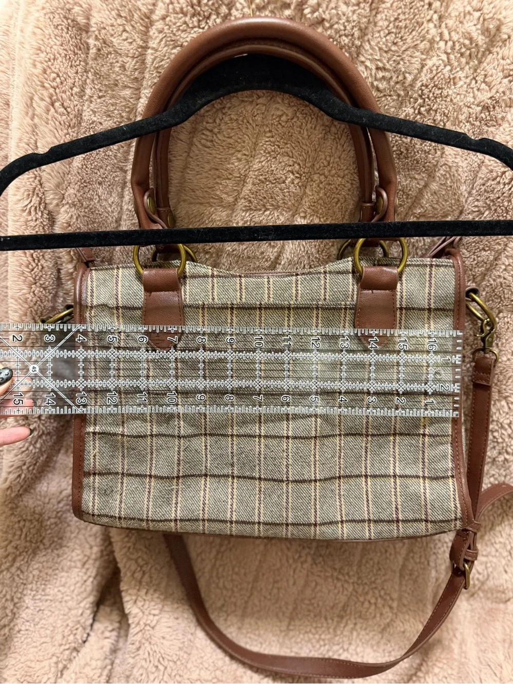 Frye & Co Brown Plaid Satchel Crossbody Bag Tweed Shoulder Purse